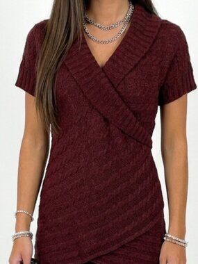 Candy Couture Y2K Red Cable Knit Sweater Short Sleeve Ribbed V-Neck Preppy L